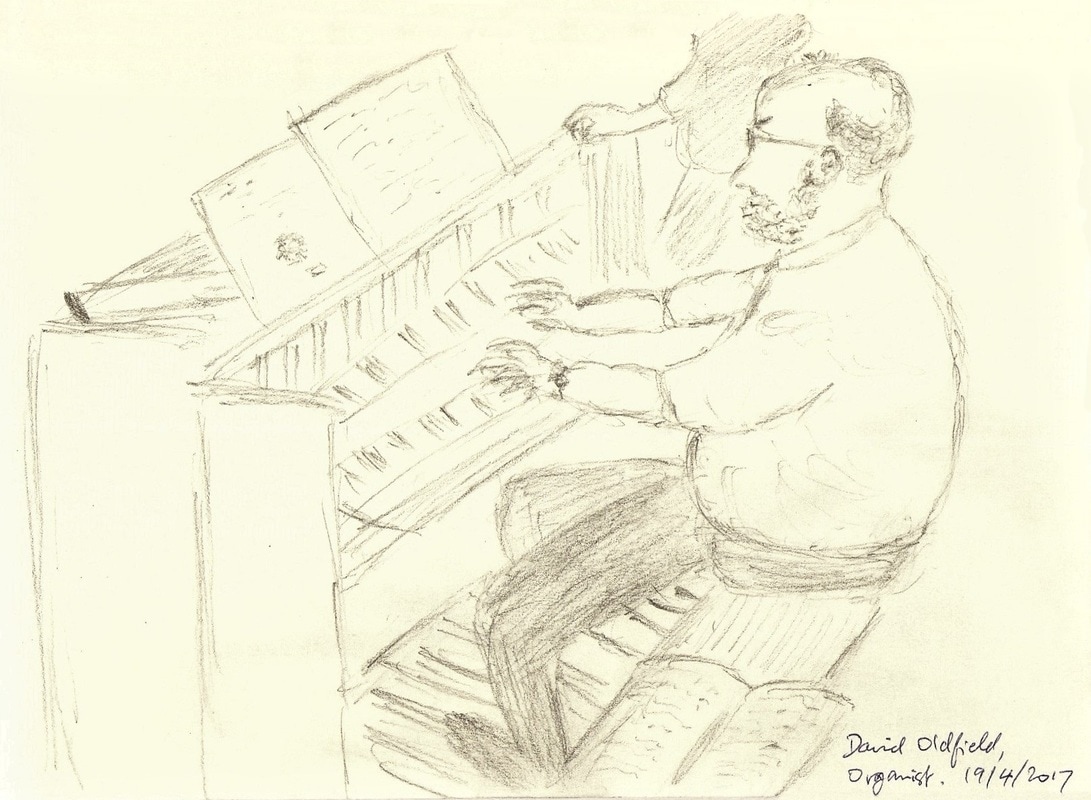 David Oldfield, organist, sketched by Peter Horsfield, at Christ Church (United Reformed), Leatherhead, 19th April 2017.