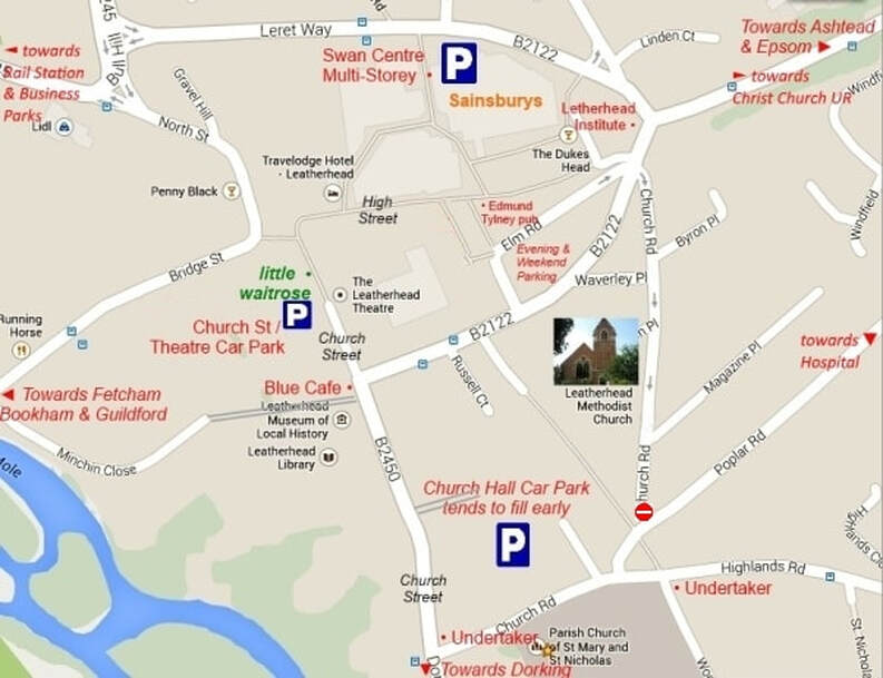 Leatherhead Methodist Church, map, and parking,