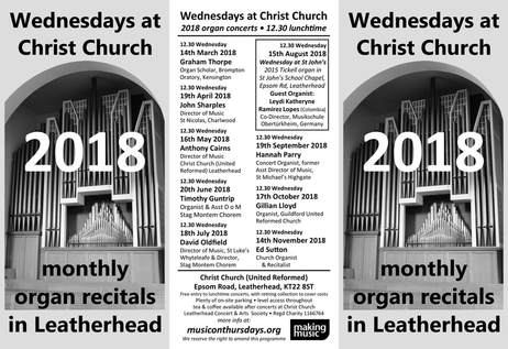 Wednesdays at Christ Church, 12.30 lunchtime, organ recitals, organ concerts, 2017 programme,