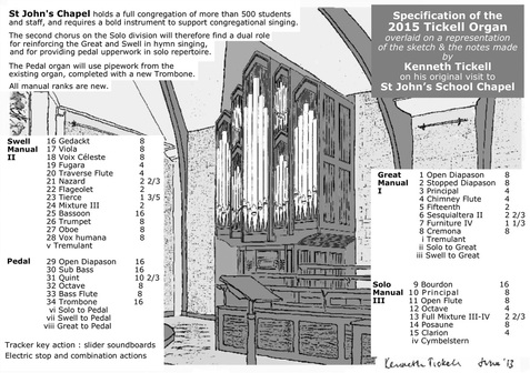 2015 Tickell Organ, St John's School New Chapel, Leatherhead, Surrey, Kenneth Tickell's Original Sketch, with organ specification and his notes overlaid.